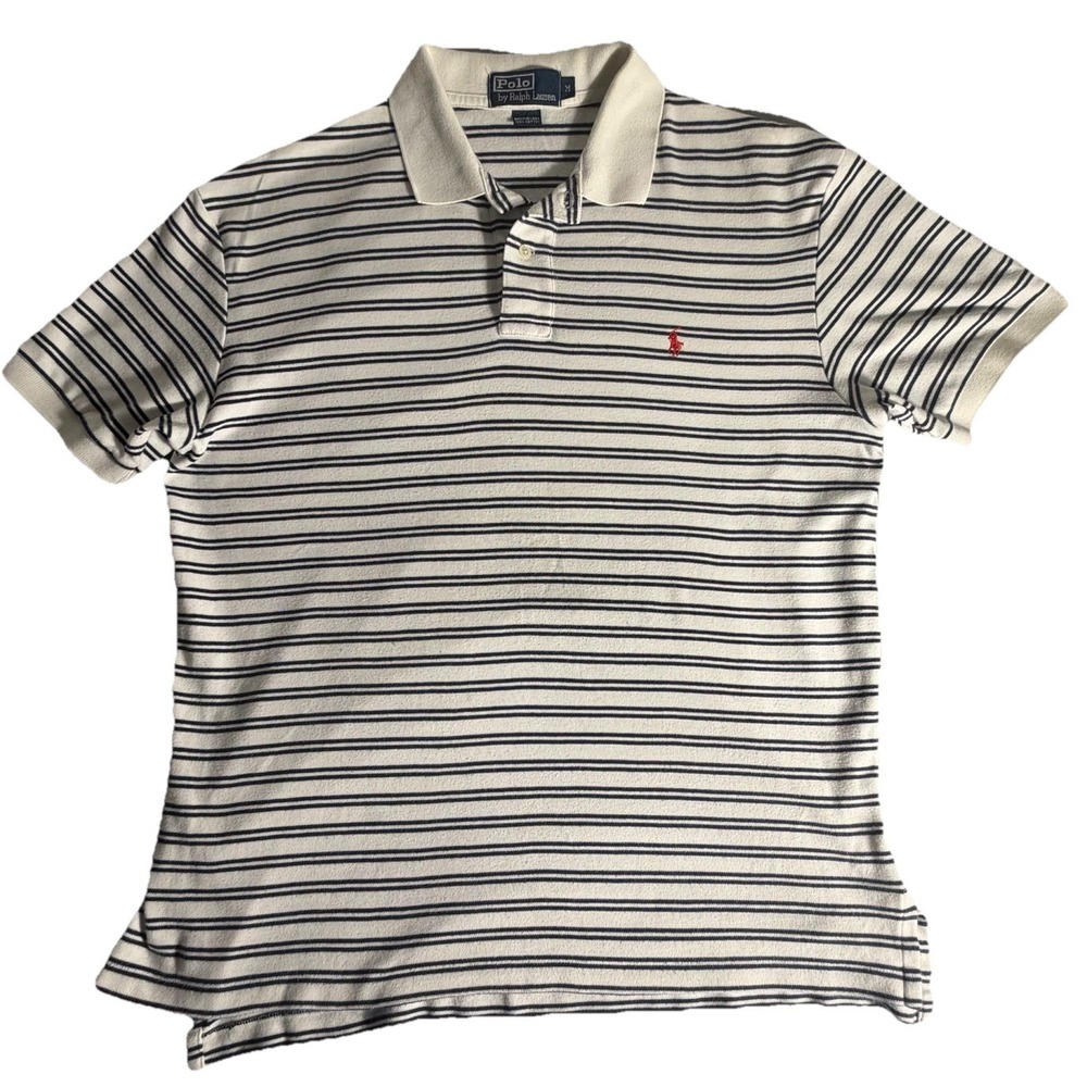 VTG Ralph Lauren Shirt Mens M Blue White Striped Knit Polo Golf Preppy Pony USA